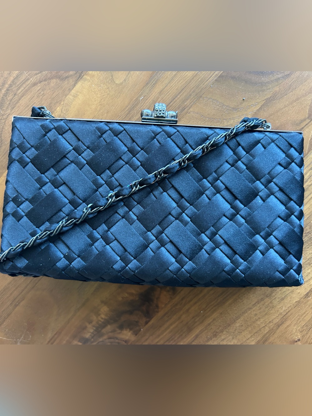 Black Woven Satin Evening Clutch with Chain Strap
